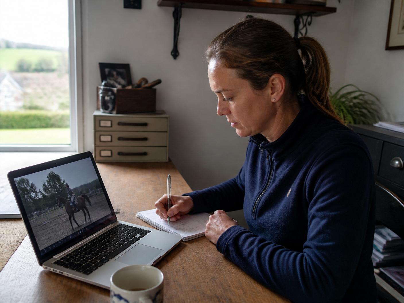 Coach équestre analysant une vidéo